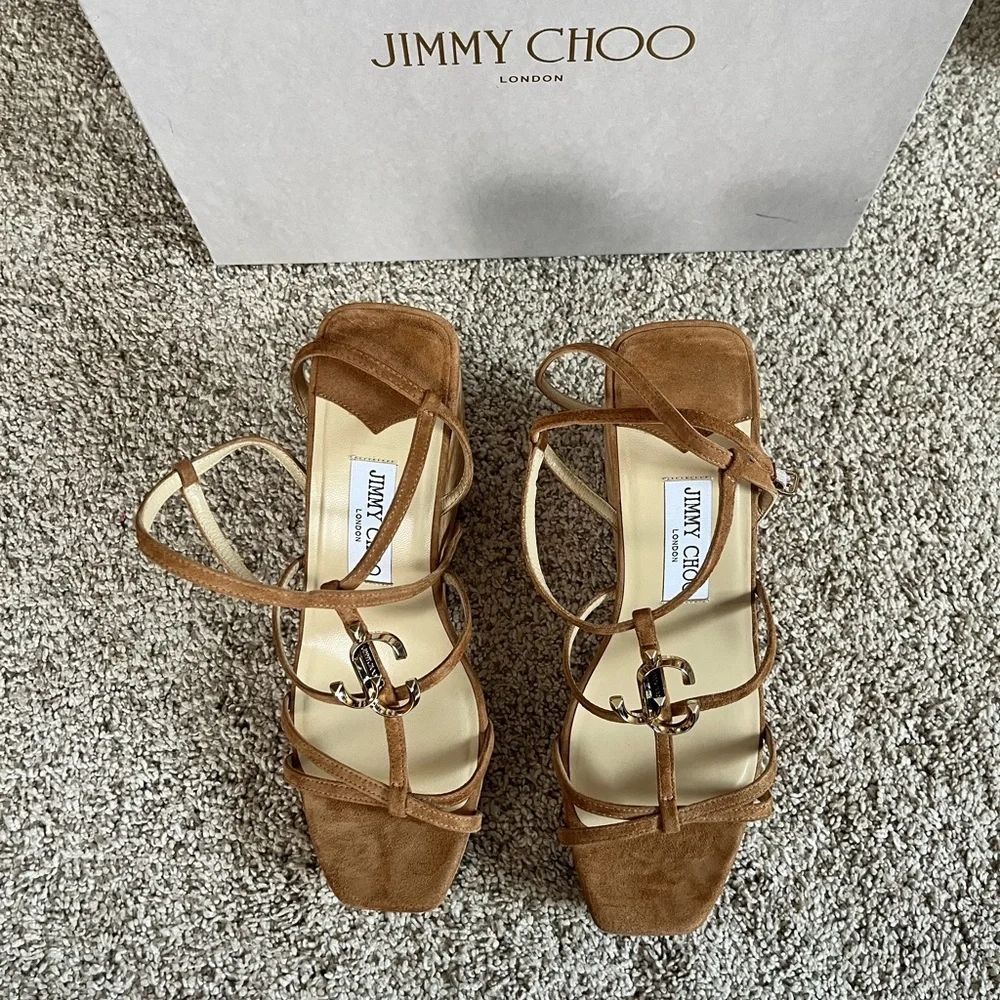 Jimmy Choo Brown Suede Cork Wedge Sandals with Gold Accent